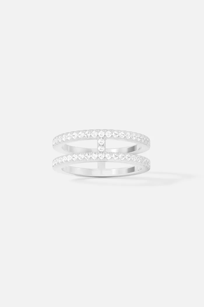 APM Monaco Bague Pavée Double Ligne Argent Sterling