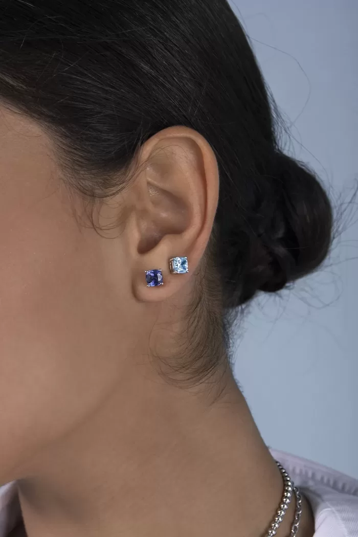 APM Monaco Boucles D’oreilles Puces Carrées Bleu Lagon Argent Sterling